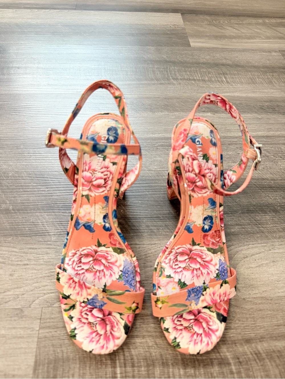 Floral Pink Peach Block Heel Sandals with Ankle Strap